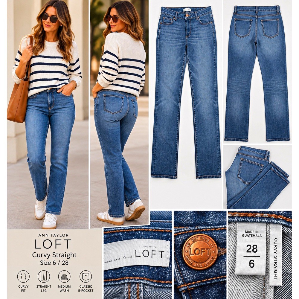 LOFT Curvy Straight Jeans Women's 6 Medium Wash Stretch Denim 30 Inseam